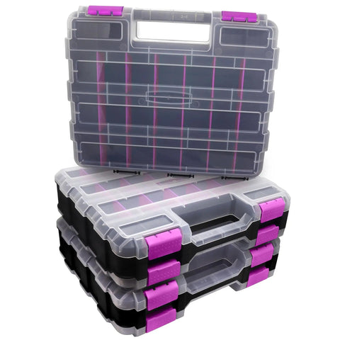 Purple 50-Compartment Double-Sided Tools Organizer Box With Removable Dividers For Small Parts, stacked storage cases