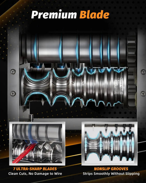 Premium blade design of Heavy Duty 550W Electric Wire Stripper Machine strips gauge wire from .06 to 1 inch efficiently.