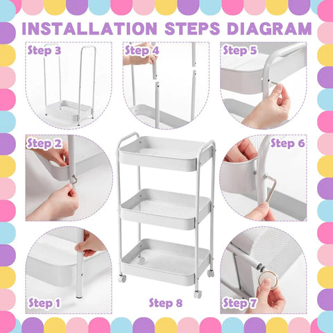 Installation diagram for Hydration Station Cart For Classrooms And Offices, 3-tier plastic rolling organizer trolley with handle.