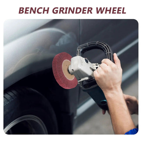 Heavy Duty VOSAREA Bench Grinder Buffing Wheel With Nonwoven Abrasive Cloth For Super Smooth Surface Polishing And Fine Finishing Work In Shops Or Home Garage Tasks At Grit 320 in use on metal.