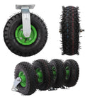 Heavy Duty Ten Inch Pneumatic Caster Wheels Set With Two Swivel And Two Rigid Rollers Featuring Kicksome Anti Skid Rubber Tires.