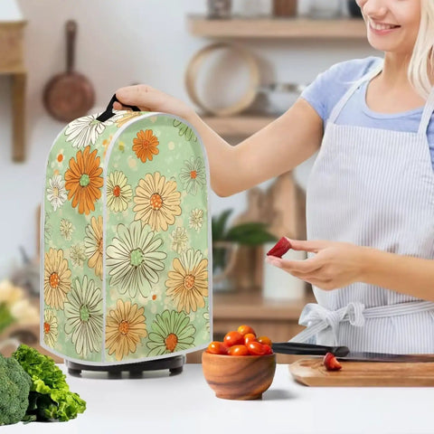 Cute Green Daisy Print Blender Dust Cover With Fingerprint Protection for Stand Mixer shown in a kitchen setting