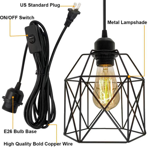 Industrial Plug In Pendant Light With Black Cage Fixture On Off Switch E26 Socket Vintage Farmhouse Hanging Light, shown with components