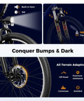 Electric Mountain Bike For Adults With 1000W Peak Motor And 20 MPH Top Speed, 40 Mile Range, front light and suspension detail