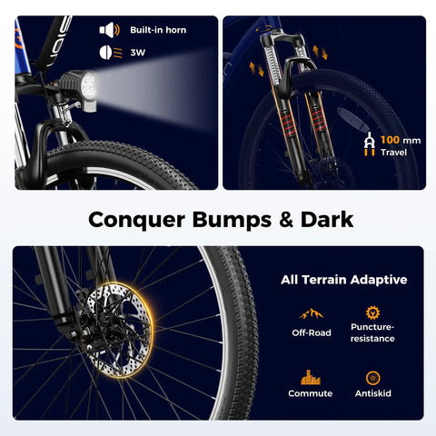 Electric Mountain Bike For Adults With 1000W Peak Motor And 20 MPH Top Speed, 40 Mile Range, front light and suspension detail