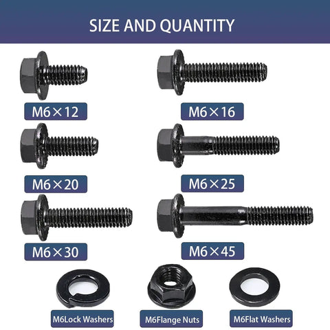 Beefy 180 Piece M6 Flange Bolt Kit With Washers And Nuts, M6x1.0 Pitch, Mixed Lengths From 12 To 40 Mm, Black Zinc Galvanized Grade 10.9
