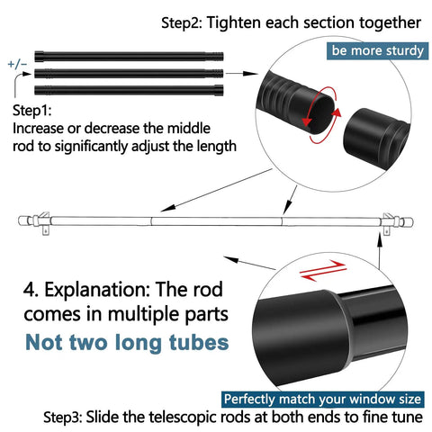 Adjustable Curtain Rod 36 To 63 Inches Black Three Quarter Inch Pole Fits Windows And Patio Easy To Install With Twist Overlap Design Versatile Drapery Rod For Any Room Or Outdoor Space No Fuss Setup diagram showing assembly steps.