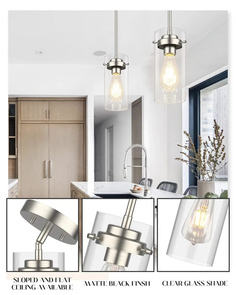 Two Pack Brushed Nickel Pendant Lights For Kitchen Island And Dining Room, Adjustable Drop Height, Clear Glass Farmhouse Ceiling Fixtures, Dope Modern Pendant Lighting For Sink Area And Home Decor