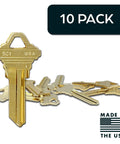 Brass Key Blanks for 5 Pin Locks, Uncut 10 Pack shown with SC1 engraving, Made in USA sign visible, durable premium brass.