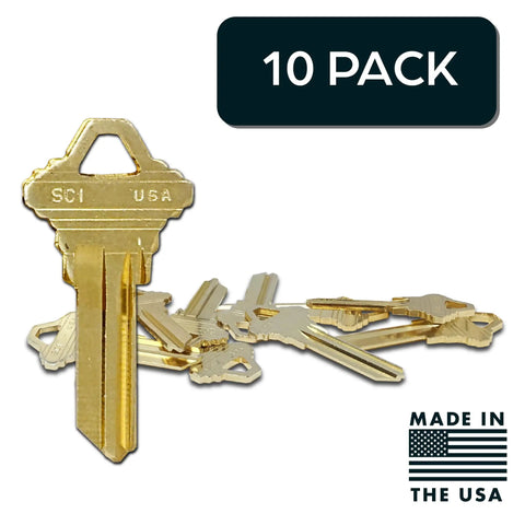 Brass Key Blanks for 5 Pin Locks, Uncut 10 Pack shown with SC1 engraving, Made in USA sign visible, durable premium brass.