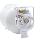 20 Pound Steel Horizontal Propane Tank Cylinder For Fire Pits And Tables Patio Heaters Grills RVs And Truck Campers With Built In Gauge EZ Handle Collar And Type 1 Overflow Protection Valve positioned with valve and gauge visible