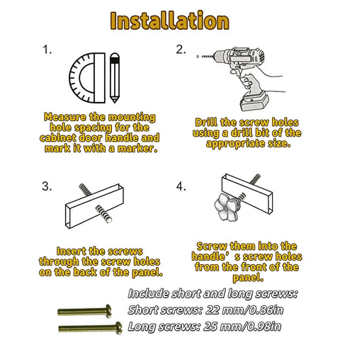 Installation guide for Legit Gorgeous Gold Floral Cabinet Knobs With Sparkling Rhinestone Center, featuring measuring and drilling steps.