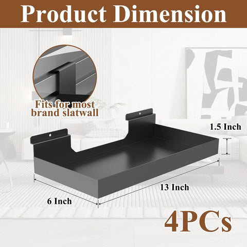 Heavy Duty Slatwall Shelves And Baskets Set 13 By 6 Inch Metal Wall Display Racks For Storage And Organization Rust Resistant Black Finish Perfect For Retail Shops Garage And Home Use showing dimensions.