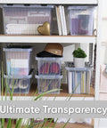 12 Pack Heavy Duty Clear Deep Storage Containers With Secure Hinged Lids 27.5 Quart Snap Close Bins arranged on a shelf.