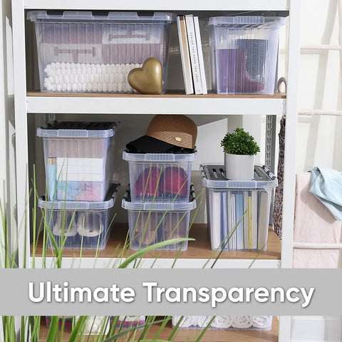 12 Pack Heavy Duty Clear Deep Storage Containers With Secure Hinged Lids 27.5 Quart Snap Close Bins arranged on a shelf.