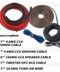4 Gauge Amp Kit For Cars With All In One Pro Grade Install Bundle showing cables, RCA, speaker wires, fuse holder
