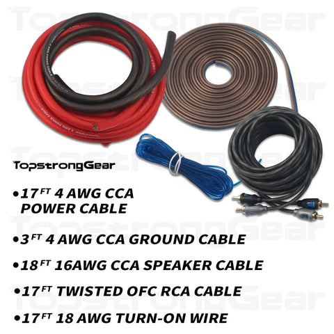 4 Gauge Amp Kit For Cars With All In One Pro Grade Install Bundle showing cables, RCA, speaker wires, fuse holder