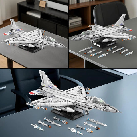 F-16 Fighter Jet Building Set With 1377 Pieces, Dope Display Stand, Retractable Landing Gear, Tail Vector Nozzle, Multi Missile Mount System, STEM Model Kit Gift For Adults And Teens 14 Plus on an office desk with missiles and display stand.