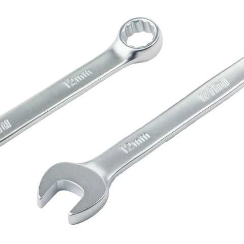 Close-up of chrome vanadium wrenches from 12 Piece Metric Wrench Set For Pro Mechanics, showing comfort grip handles and precise fit.