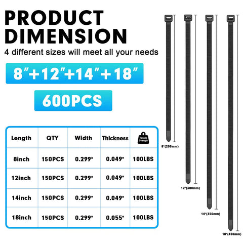 Heavy Duty Nylon Zip Ties 600 Pack Assorted Sizes 8 Inch 12 Inch 14 Inch 18 Inch With 100Lb Tensile Strength UV Resistant Weatherproof
