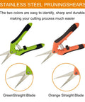 Green and orange stainless steel handheld pruning shears from 5 Pack Pruning Shears With Gloves Garden Clippers set for gardening.