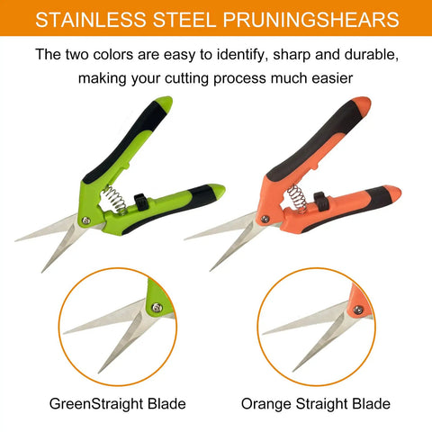 Green and orange stainless steel handheld pruning shears from 5 Pack Pruning Shears With Gloves Garden Clippers set for gardening.