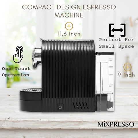 Side view of black Compact 1400W Single-Serve Espresso Machine With 19-Bar Pump And 27oz Water Tank, Nespresso compatible.