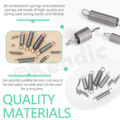 100Pcs Stainless Steel Extension Spring Kit In 25 Sizes, 0.3mm To 1.2mm Wire Diameters, springs displayed with quality materials text.