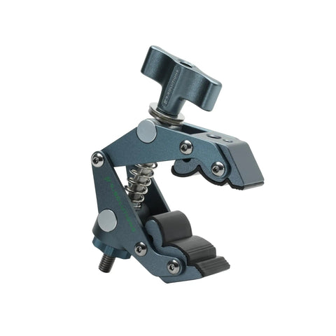 Savior Clamp With Articulated Jaws, 66 lb max load, anodized aluminum, silver finish, showing jaw opening and threaded holes.