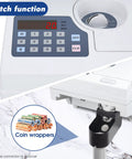 Heavy Duty Coin Counter And Auto Sorter With Killer Capacity Plug And Play Simple Setup Bank Grade Cash Management For US Canadian Mexican Foreign Coins No Sweat Operation With Full Two Year Warranty showing control panel and coin wrapper compartment.