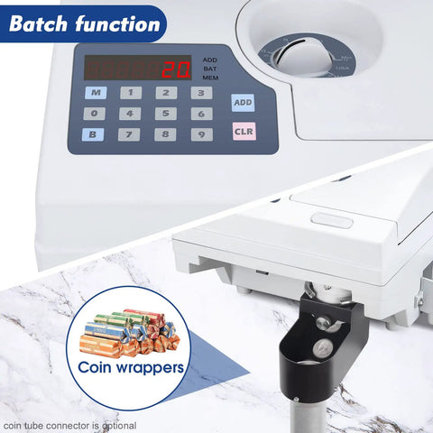 Heavy Duty Coin Counter And Auto Sorter With Killer Capacity Plug And Play Simple Setup Bank Grade Cash Management For US Canadian Mexican Foreign Coins No Sweat Operation With Full Two Year Warranty showing control panel and coin wrapper compartment.