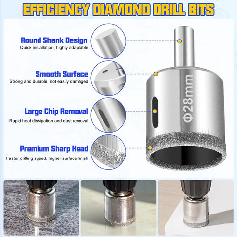 Close-up view of diamond drill bits showing round shank design and premium sharp head in use, part of Beefy 38 Piece Masonry Drill Bit Set With Premium Carbide Tips For Concrete Ceramic Tile Marble Glass Porcelain Metal Wood Plastic All Purpose Heavy Duty Drilling Kit.