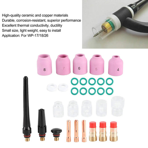 Ultimate 31Pc TIG Welding Nozzle Kit With Ceramic Torch Gas Lens Tips, ceramic cups and copper connectors for WP-17 18 26.