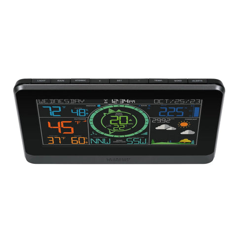 Front view of Pro Grade Wireless Color Weather Station with Cyclone Sensor and Atomic Time Display, showing temperature and wind data.