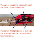 Pro Grade Heavy Duty Pallet Banding Strapping Kit With Manual Woven Cord Tensioner showing band cutter and ratchet details.