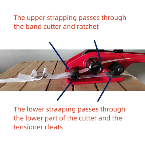 Pro Grade Heavy Duty Pallet Banding Strapping Kit With Manual Woven Cord Tensioner showing band cutter and ratchet details.