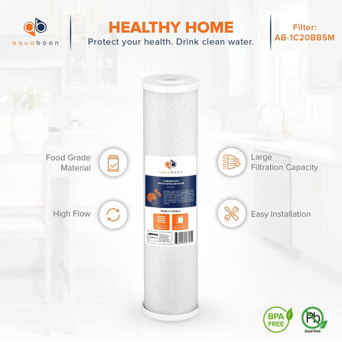 4.5 X 20 Inch Carbon Block Filter Cartridge, 5 Micron Coconut Shell CTO in kitchen setting with features highlighted