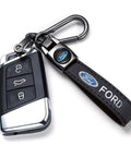 Premium Genuine Leather Car Key Chain Ford Style Zinc Alloy Key Fob Cover with swivel ring and Ford logo.