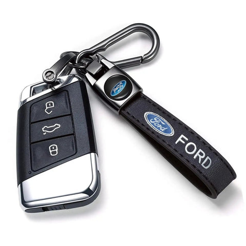 Premium Genuine Leather Car Key Chain Ford Style Zinc Alloy Key Fob Cover with swivel ring and Ford logo.