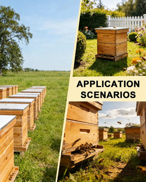 Screened Beehive Bottom Board For 10 Frame Langstroth Hives With Beeswax Coated Solid Wood Base, displayed in a grassy field apiary.