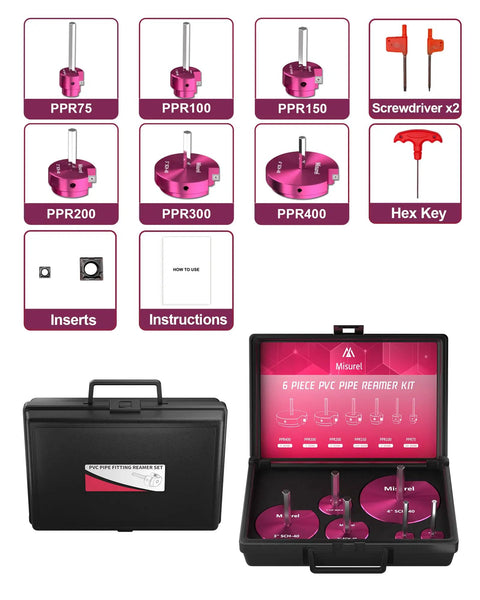 PVC Pipe Reamer Kit With 6 Size Set showing tools, inserts, hex wrench, and carry case.