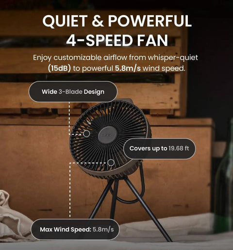 Warm Gray Rechargeable Portable Fan with 7800mAh Battery, USB C Charging, Four Speed BLDC Ultra Quiet Air Circulation displayed on tripod