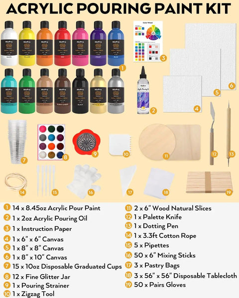 14 Colors Acrylic Pour Paint Kit With Premixed High Flow Paints 8.45oz Each Bulk Set Includes Canvases Wood Slices Tools