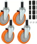 5 Inch Heavy Duty Expanding Stem Swivel Caster Wheels Universal Fit For Stainless Steel Prep Tables Shop Grade Treads with black sleeves.