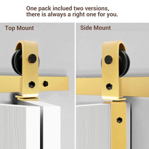 Golden 84 Inch Double Bifold Sliding Barn Door Hardware Kit For Closet Doors With Glides Like Butter And Quiet Operation Side And Top Mount Swivel Wheels 88 Inch Track No Door Included Space Saving Easy Glide showing top and side mount options.