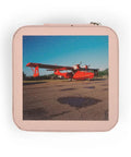 Pink Travel Jewelry Case, Ultra Compact 4x4x2 Inch Organizer With Plush Lining displaying vintage red airplane print.