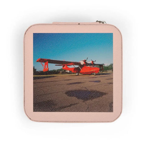 Pink Travel Jewelry Case, Ultra Compact 4x4x2 Inch Organizer With Plush Lining displaying vintage red airplane print.