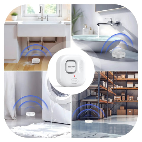 Water Leak Detector Alarm System For Home With 120dB Siren And Multi Probe Sensing IP66 Waterproof For Bathroom Kitchen Laundry Basement And More 3 Pack Battery Included in sink, bath, and floor scenes