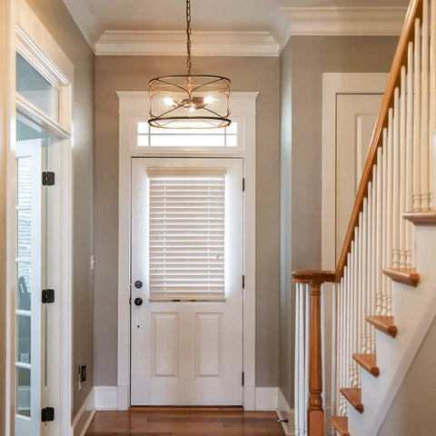 Entryway with Gold Drum Pendant Light Fixture, 3-Light Pendant Lighting For Kitchen Island, Sleek Modern Foyer Chandelier, 15.5 Inch Diameter