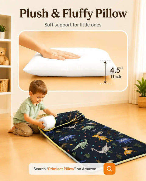 Toddler using Cozy Toddler Nap Mat With Pillow All In One Thickened Extra Large Sleeping Bag For Travel Daycare Naps Plush Minky Dot Lining And Ultra Soft Comfort Everyday with dinosaur print and 4.5-inch thick pillow.
